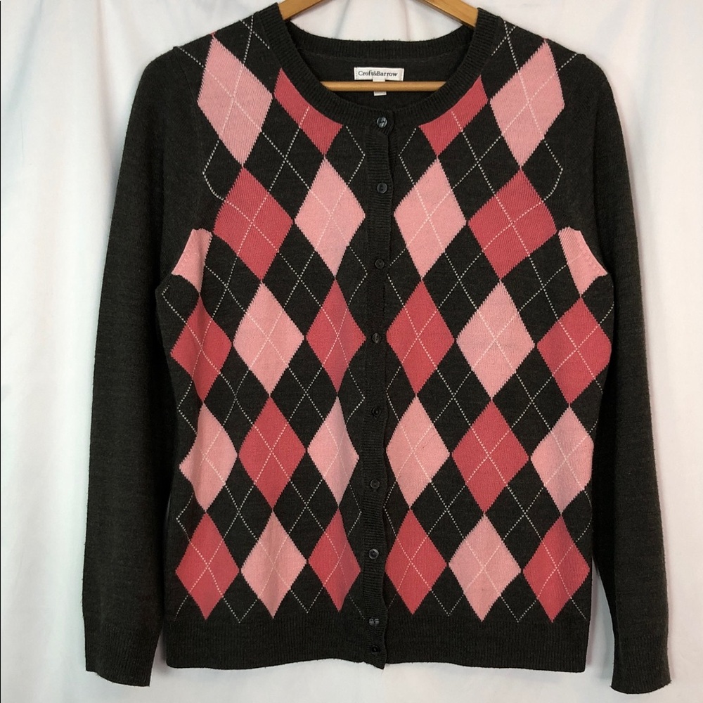 Croft  & Barrow Gray Cardigan with Pink Argyle Pattern Size L